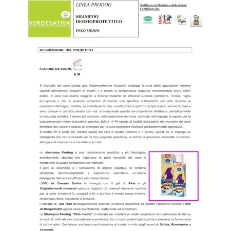 Verdesativa Prodog - champú dermoprotector para perros de pelo medio 200 ml