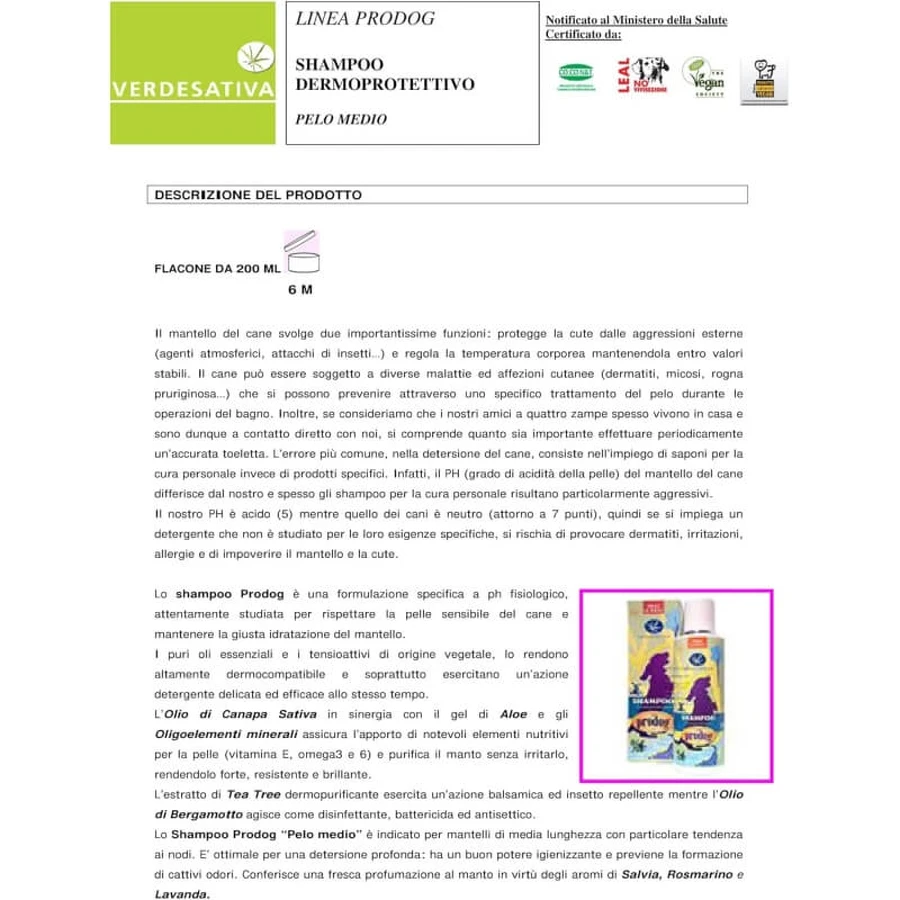 Verdesativa Prodog - champú dermoprotector para perros de pelo medio 200 ml