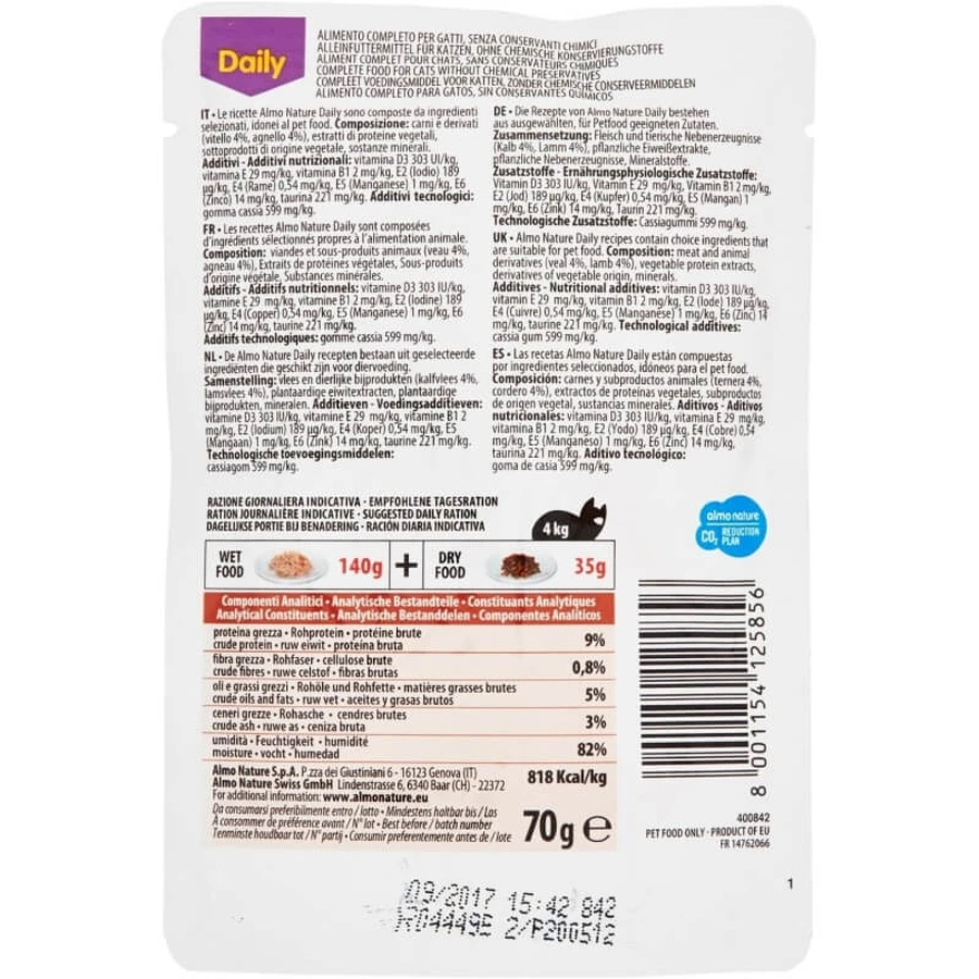 Almo nature Daily menu ternera y cordero - comida húmeda completa para gatos adultos 70 gr