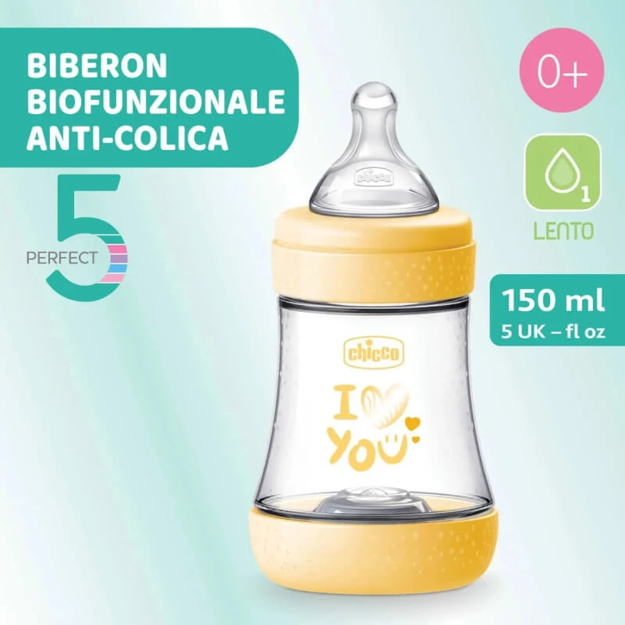 Chicco perfect 5 - biberon à débit lent 150 ml - jaune