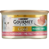Purina gourmet gold mousse trucha y tomates cherry - alimento completo para gatos adultos y lactantes 85 gr