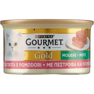 Purina gourmet gold mousse trucha y tomates cherry - alimento completo para gatos adultos y lactantes 85 gr