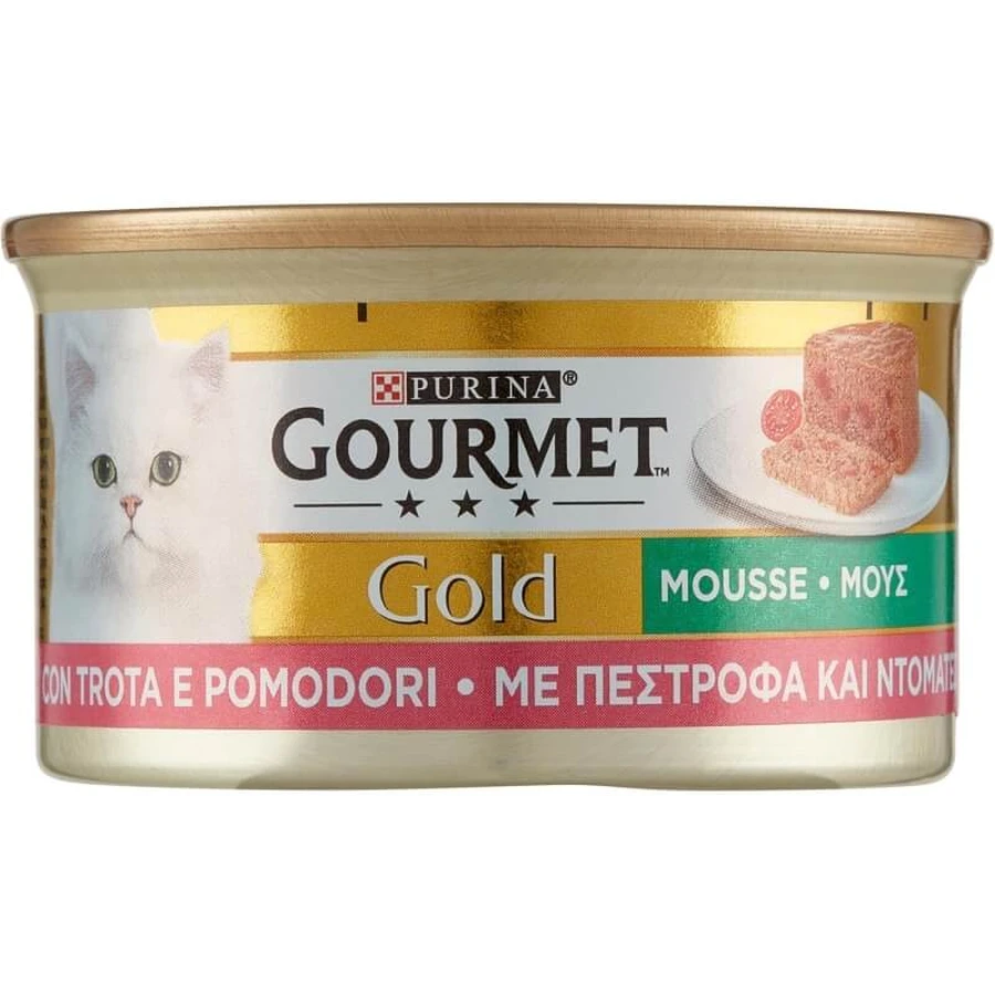 Purina gourmet gold mousse trucha y tomates cherry - alimento completo para gatos adultos y lactantes 85 gr