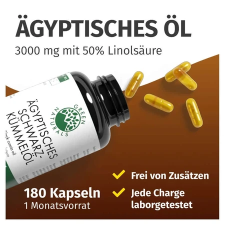 GREEN NATURALS Olio di cumino nero egiziano 3000 mg, vegano, 180 capsule