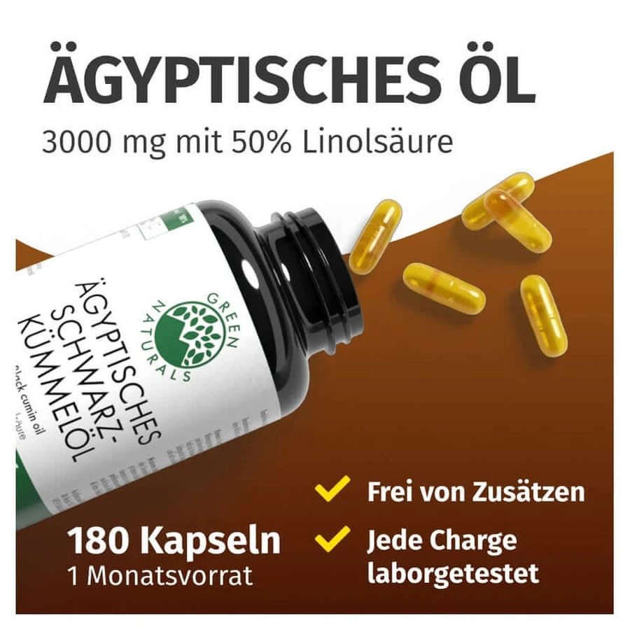 GREEN NATURALS Olio di cumino nero egiziano 3000 mg, vegano, 180 capsule