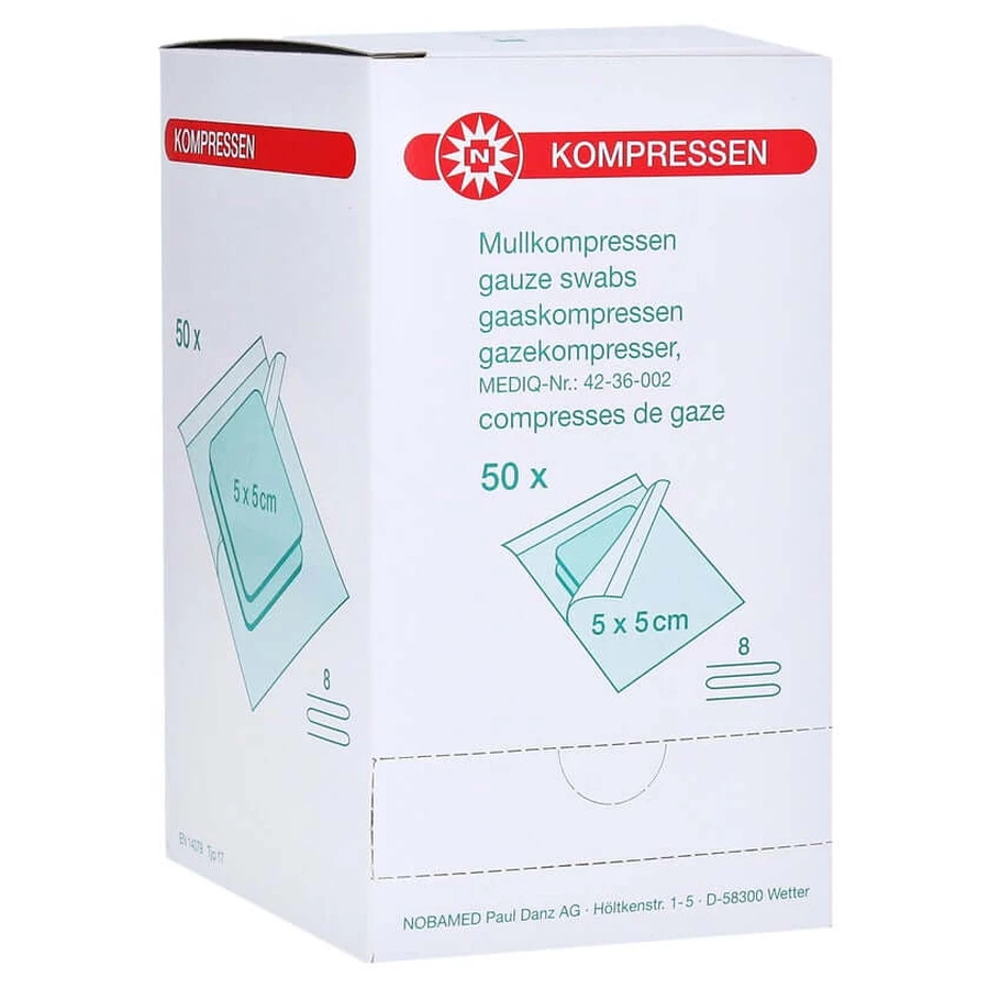 Noba Mullkompresse-steril 8-fach, 50 x 2 Stück, 5 x 5 cm 50X2 St