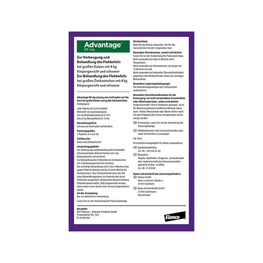 Advantage Spot-On 80 tegen vlooien grote katten 4X0,8 ml