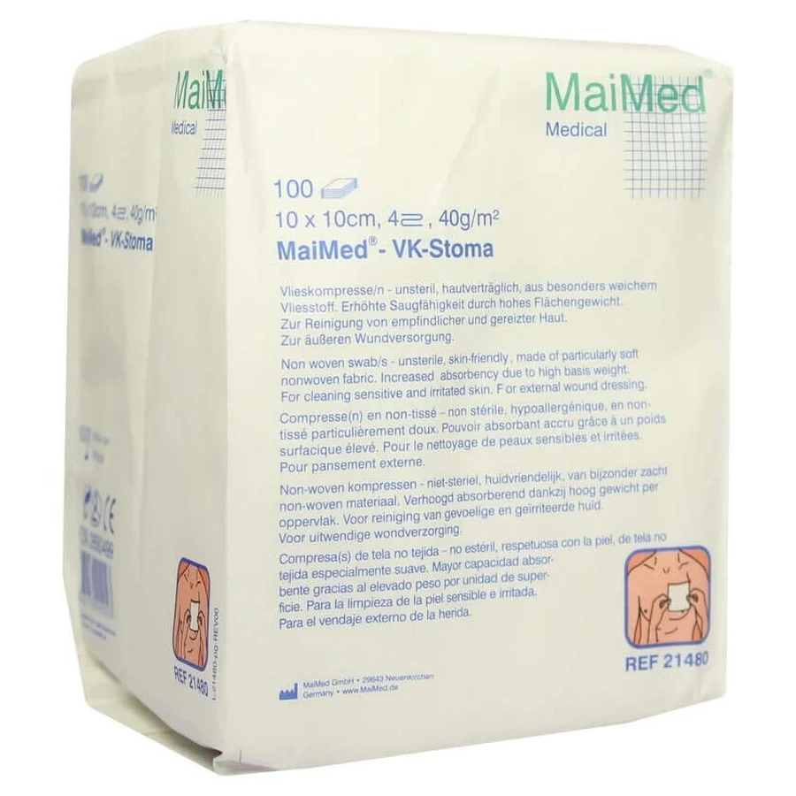 Compresas no tejidas MaiMed VK Stoma 10 x 10 cm, 4 pliegues, 40 g/m², no estériles 100 uds.