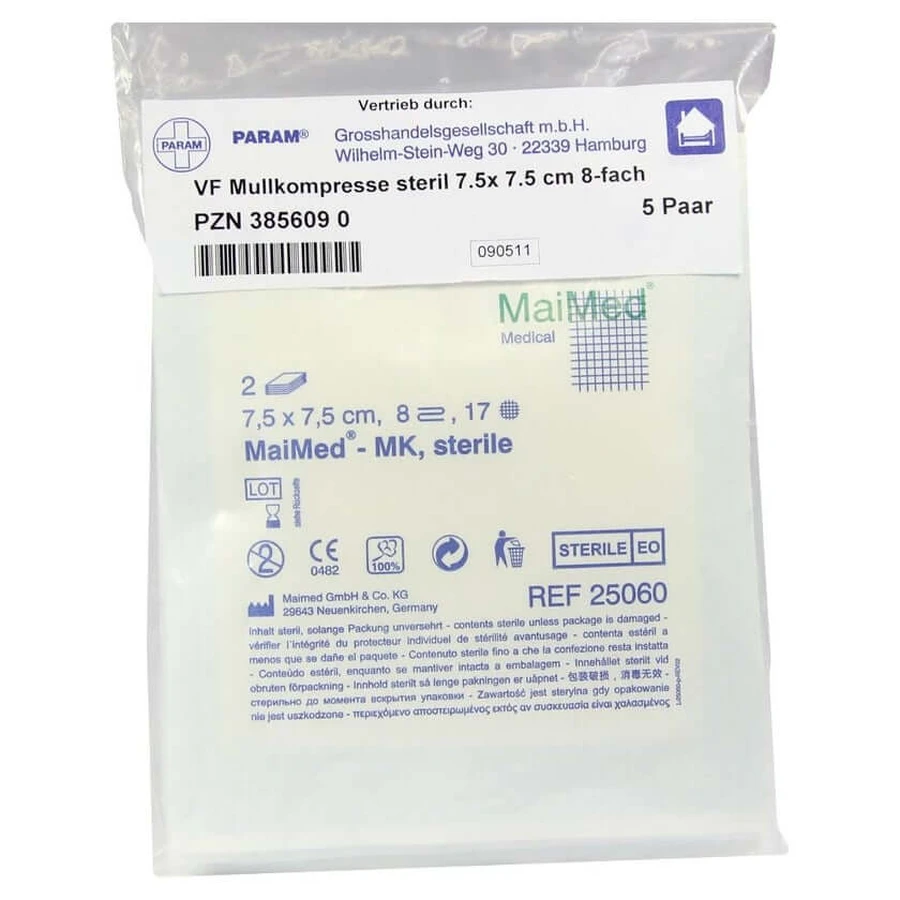 Compresas de gasa 7,5x7,5 cm estériles 8 pliegues 5X2 uds.