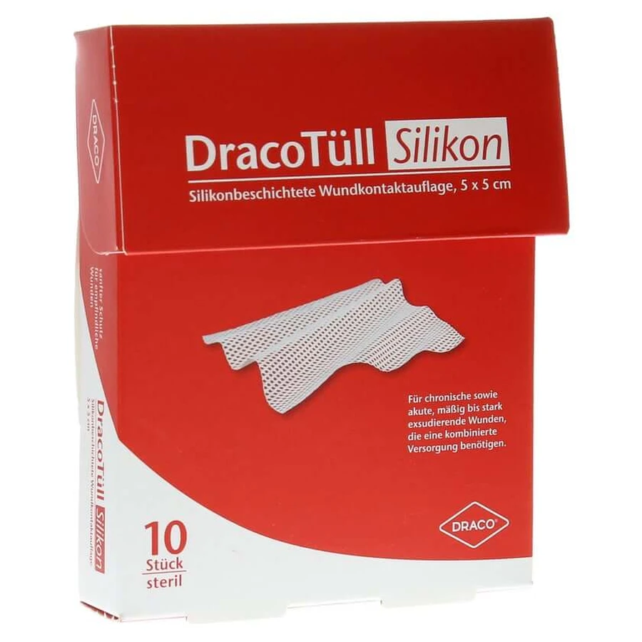 Dracotüll Silikon, 5 x 5 cm silikonbeschichtete Wundkontaktauflage 10 St