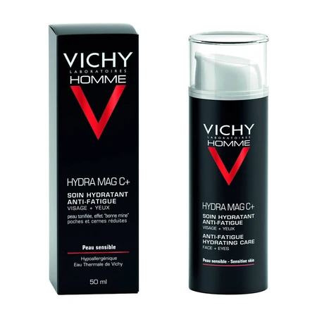 Vichy Homme Hydra Mag C Crema Hidratante con efecto antifatiga para rostro y contorno de ojos, 50 ml