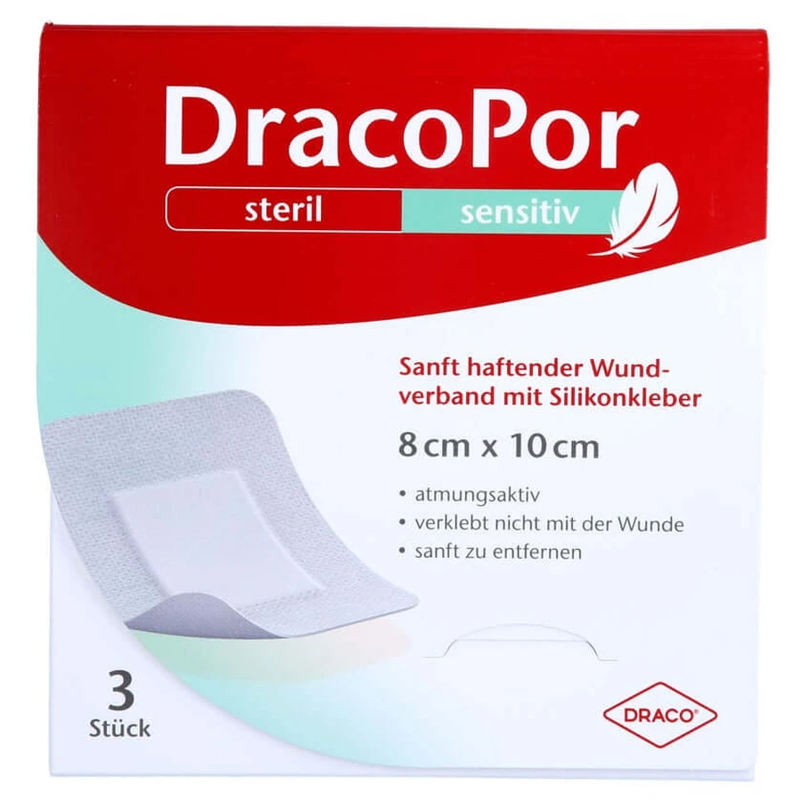 Dracopor Sensitive 8 x 10 cm, sterylne, z warstwą silikonową, 3 sztuki: ceny i cechy