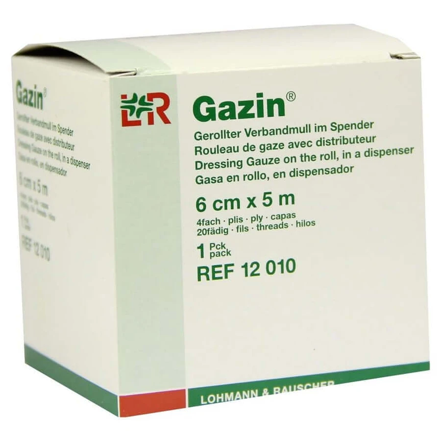 Gaze Gazin 6 cm x 5 m, 4 plis, 1 rouleau