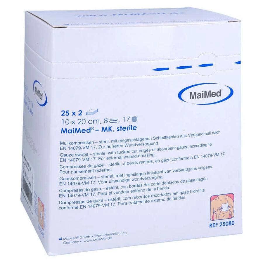Gauze pads, 10x20 cm, sterile, 8-ply, 25 x 2 packs