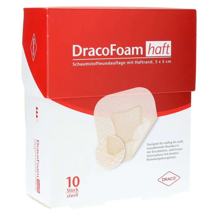 Dracofoam – samoprzylepny opatrunek z pianki, 5 x 5 cm, 10 szt.: ceny i cechy
