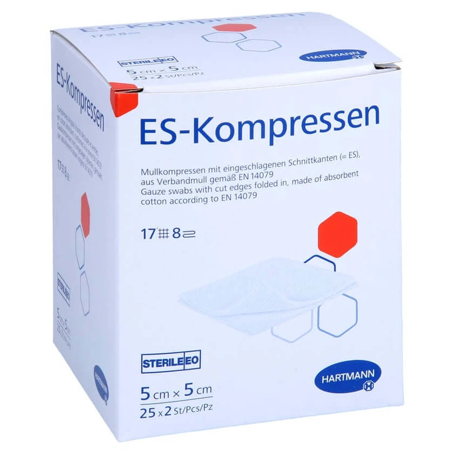 Sterile Es-compresses, 5x5 cm, 8-ply, 25 x 2 pcs