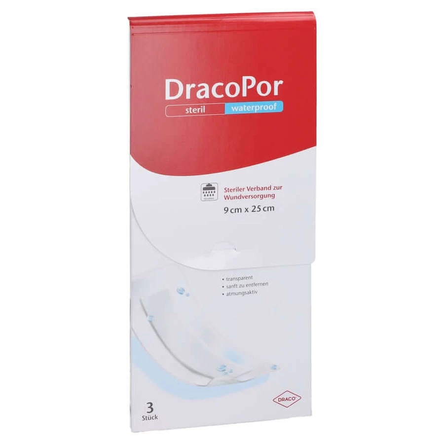 Wodoodporny opatrunek na rany Dracopor, 9 x 25 cm, sterylny, 3 sztuki: ceny i cechy