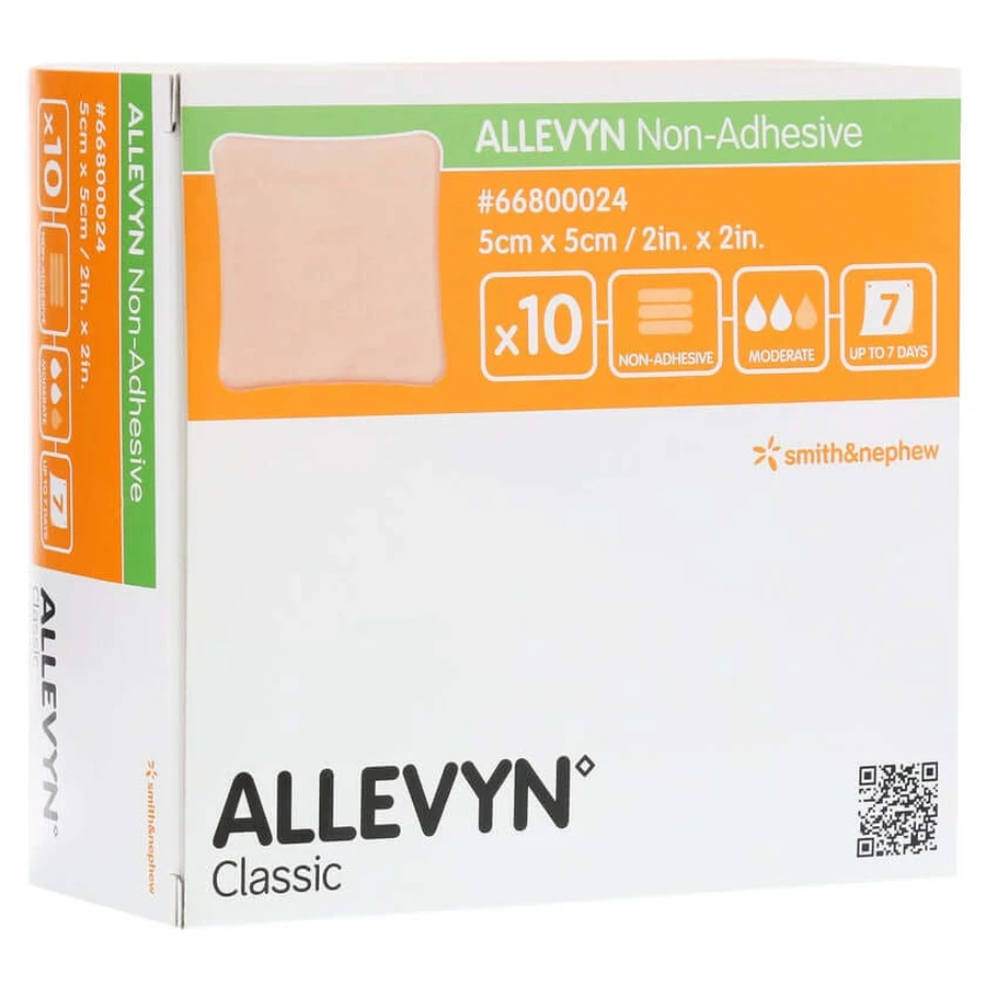 Apósito para heridas Allevyn no adhesivo, 5 x 5 cm, paquete de 10 unidades