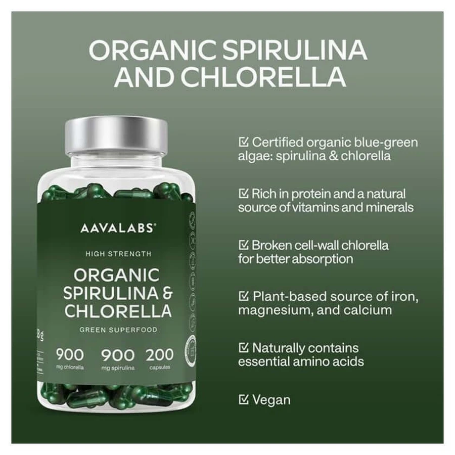 Aavalabs Organic Spirulina & Chlorella Algae, 200 Capsules