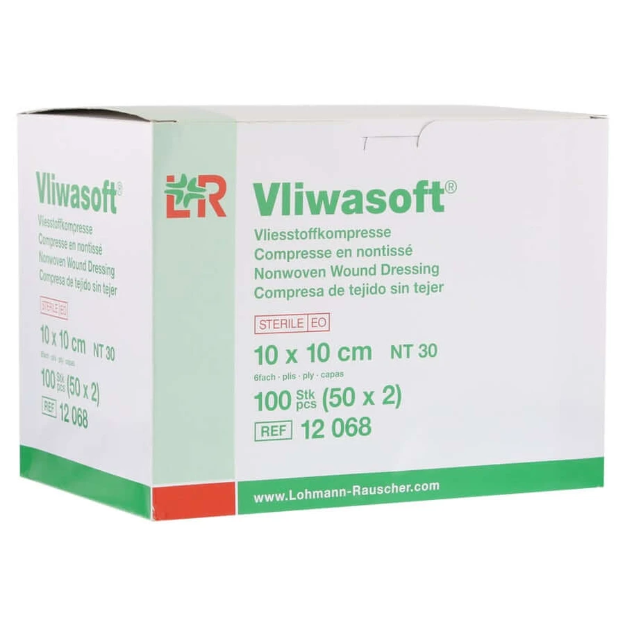 Vliwasoft Non-woven Compresses 10 x 10 cm, 6-ply, Sterile, 50 x 2 pcs
