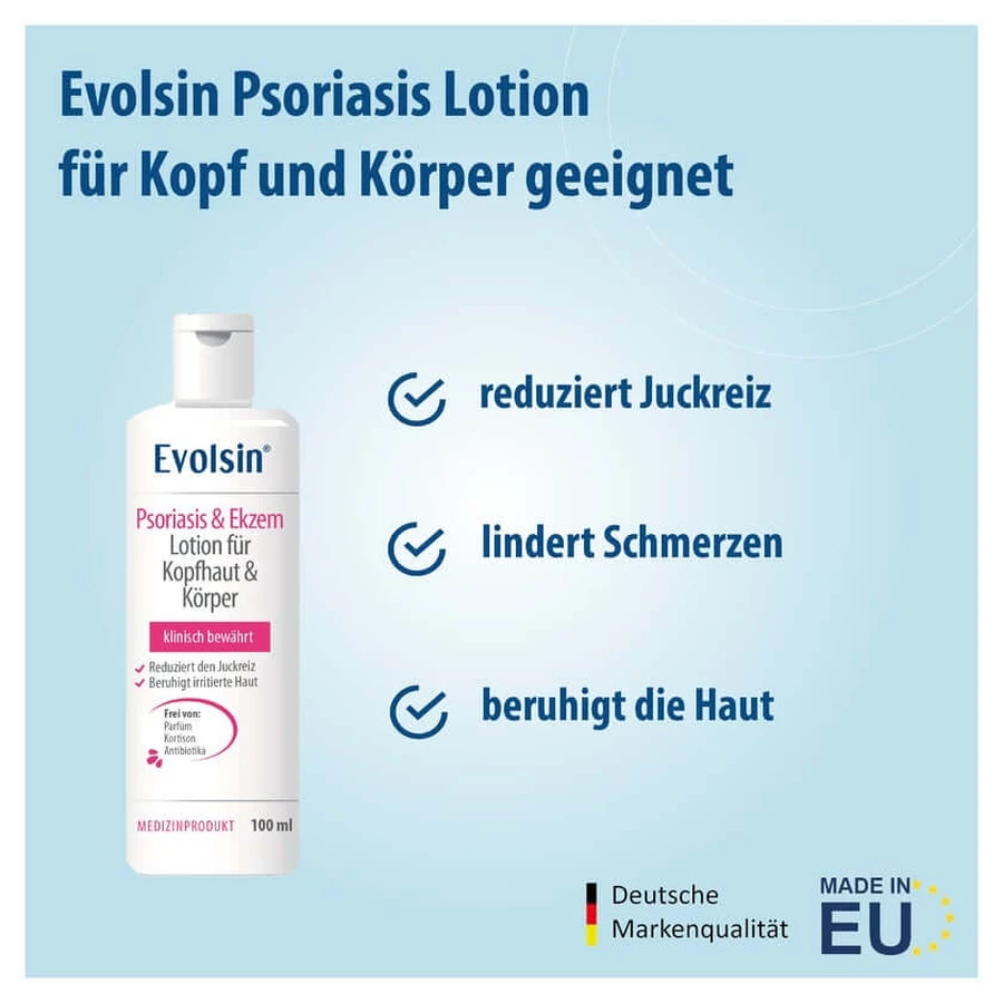 Lotion Evolsin contre le psoriasis et l'eczéma pour le cuir chevelu et le corps, 100 ml