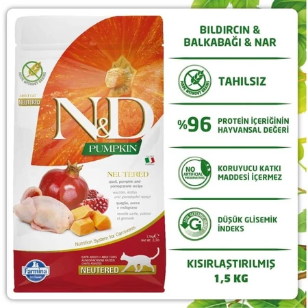 Farmina N&amp;d Pumpkin Neutered met kwartel, pompoen en granaatappel – Compleet voer voor volwassen katten, 1,5 kg