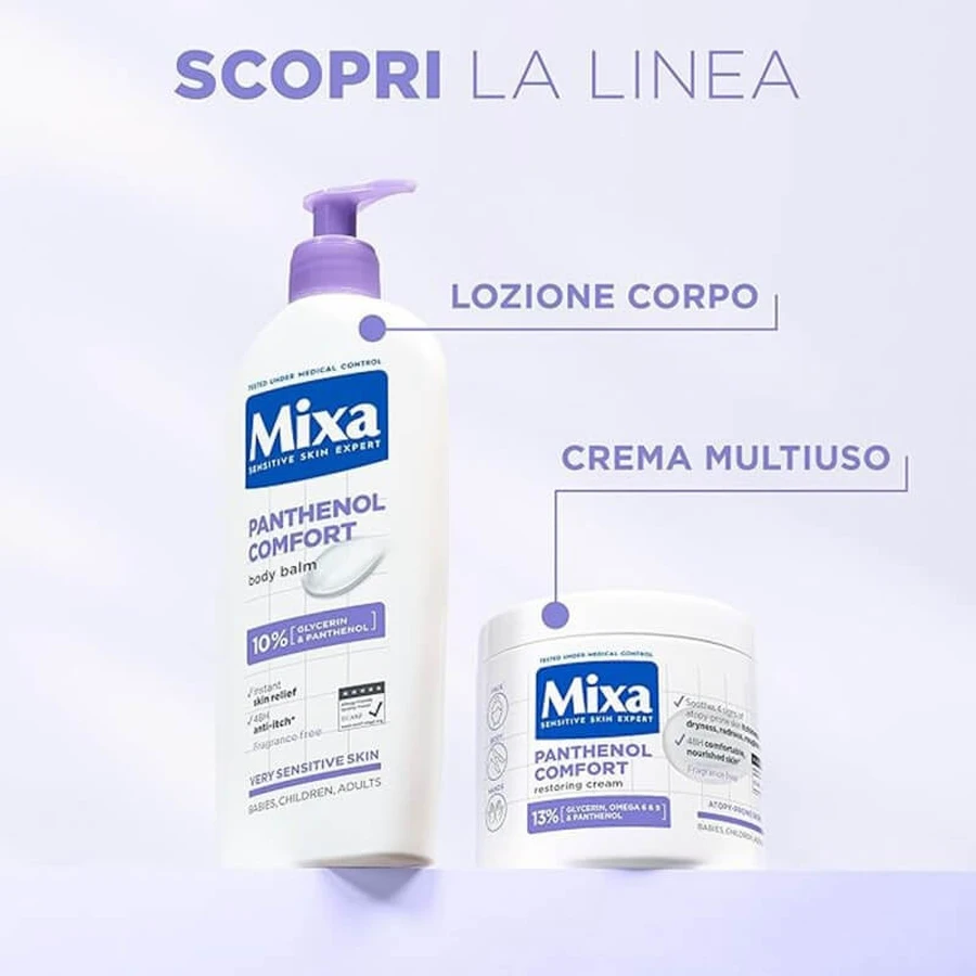Mixa Panthenol Comfort - Loción corporal calmante para piel sensible, contra el picor, 250 ml