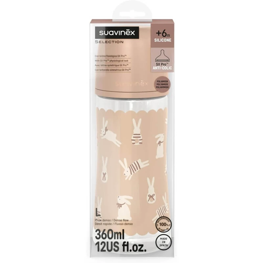Suavinex Wonderland - Biberón «Conejito» de flujo lento, color beige, 360 ml