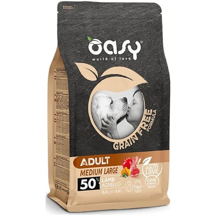 Oasy para perros adultos, sin cereales, tamaño mediano-grande, con cordero - Alimento completo para perros adultos (tamaño mediano-grande), 12 kg