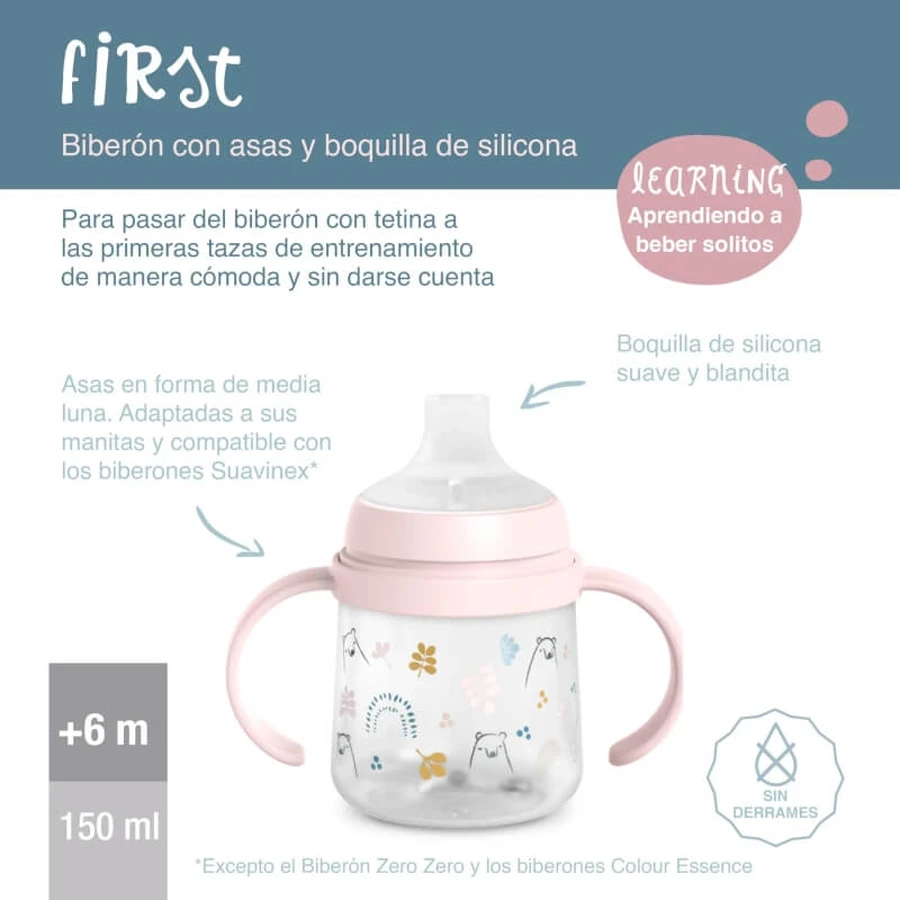 Suavinex My Family - Eerste babyfles met handvat en siliconen speen - Lichtblauw