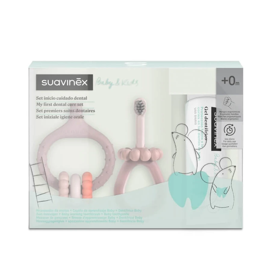 Set de higiene bucal «My First» de Suavinex: set de 3 piezas para niños de 0 a 6 años, rosa empolvado, 50 ml