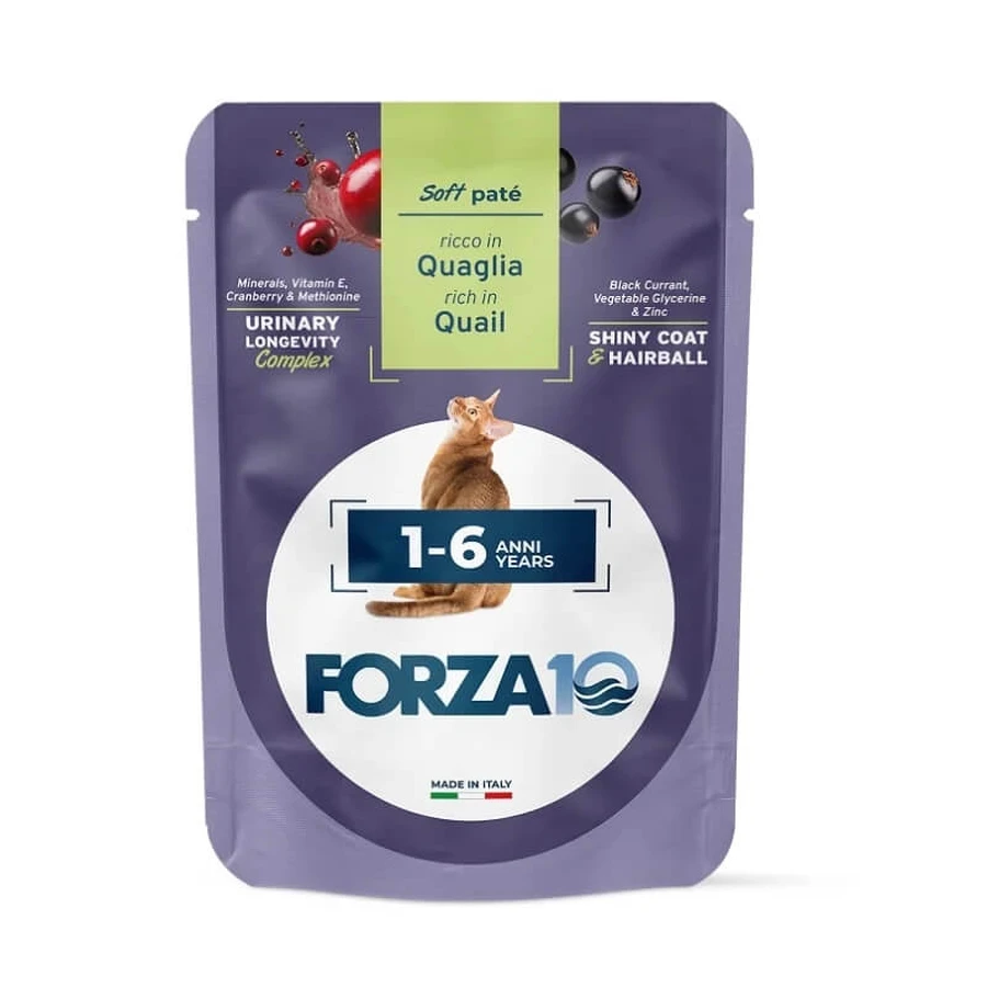 Forza10 Zachte paté voor volwassen katten (1–6 jaar) – Kwartel – Volledig voer voor volwassen katten, 80 g
