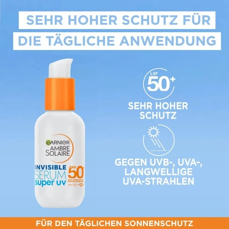 Garnier, protector solar facial SPF 50+ Ambre Solaire, sérum invisible Super UV, protección muy alta, 30 ml