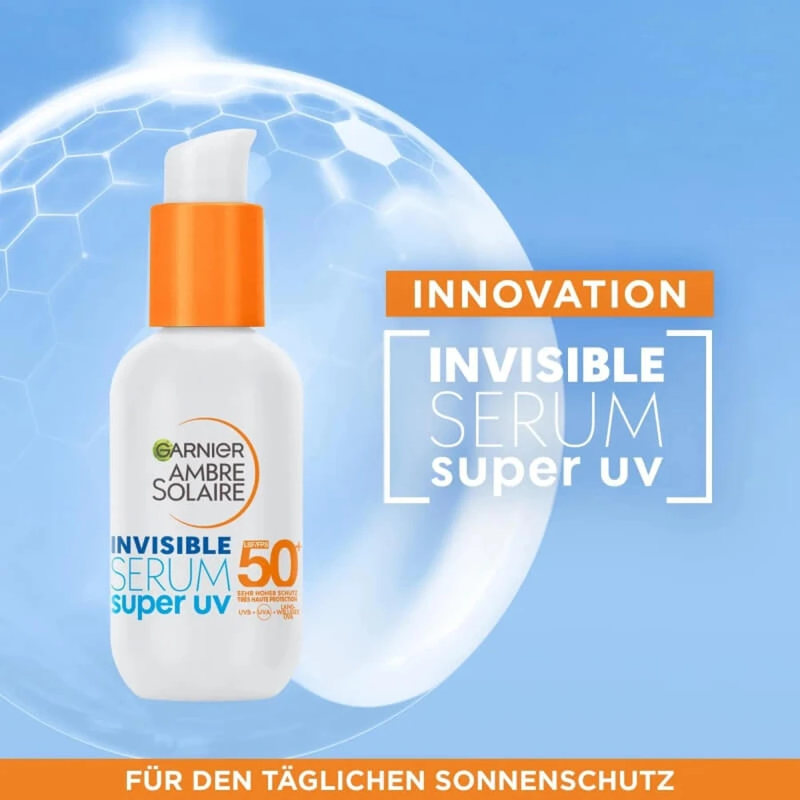 Garnier, protector solar facial SPF 50+ Ambre Solaire, sérum invisible Super UV, protección muy alta, 30 ml