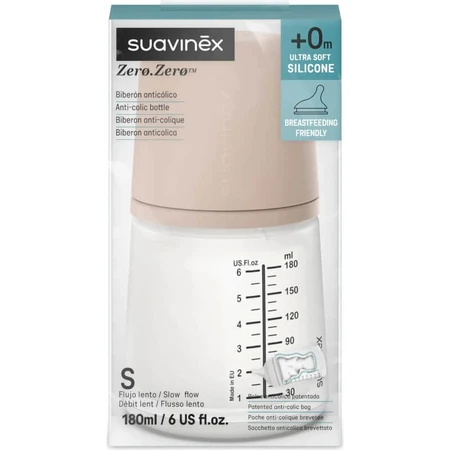 Suavinex Zero Zero - Biberón anticólicos de flujo lento, color nude, 180 ml