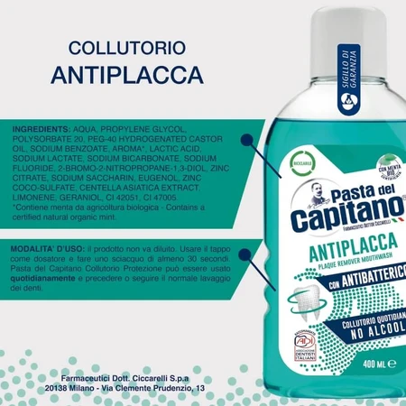 Enjuague bucal verde sin alcohol y antiplaca Pasta del Capitano, 400 ml