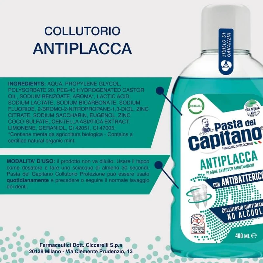 Enjuague bucal verde sin alcohol y antiplaca Pasta del Capitano, 400 ml