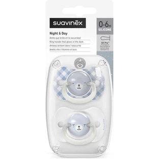 Suavinex night&amp;day - 2 in het donker oplichtende siliconen fopspenen, voor linkshandigen, 0-6 maanden, lichtblauw