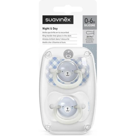 Suavinex night&amp;day - 2 in het donker oplichtende siliconen fopspenen, voor linkshandigen, 0-6 maanden, lichtblauw