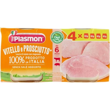 Ternera y jamón homogeneizados de Plasmón, 4 tarros de 80 g cada uno
