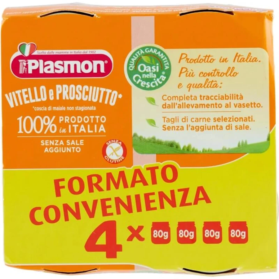Ternera y jamón homogeneizados de Plasmón, 4 tarros de 80 g cada uno