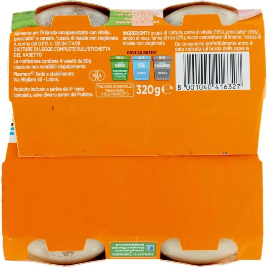 Ternera y jamón homogeneizados de Plasmón, 4 tarros de 80 g cada uno