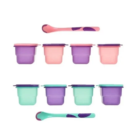 Kiokids Entwöhnungsset – 4 Teelöffel und kleine Gläschen mit Deckel, rosa