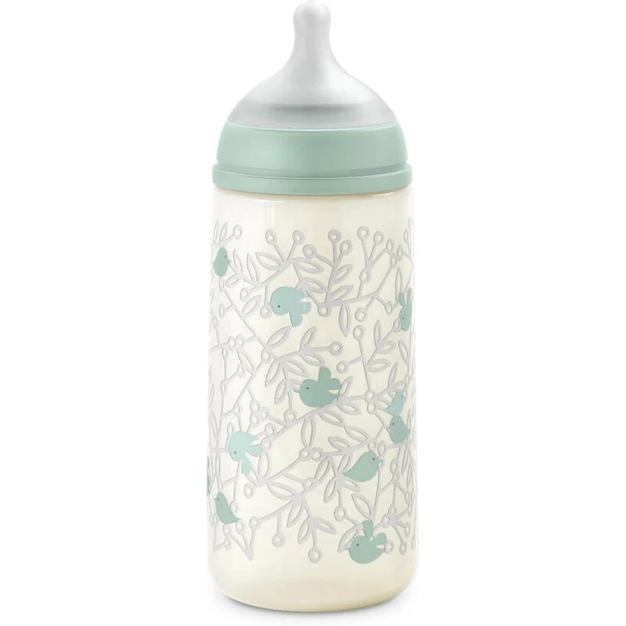 Suavinex Birdies - Baby Bottle with SX Pro Silicone Nipple, Thick Flow, Anti-Colic, 6m+, Green, 360 ml