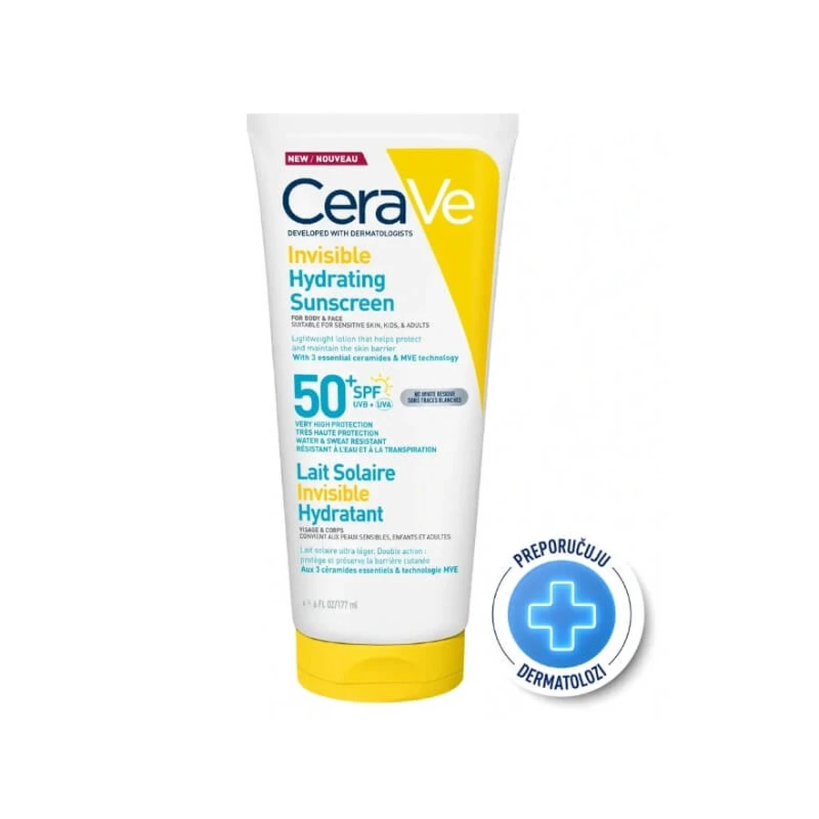 Crème solaire hydratante invisible CeraVe SPF 50+, protection très élevée, 177 ml