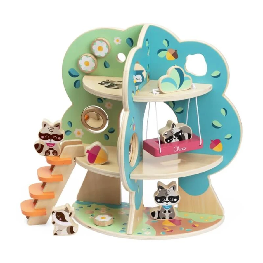Chicco Grote Wasbeerboom - Houten speelset met 4 wasberen en 10 accessoires