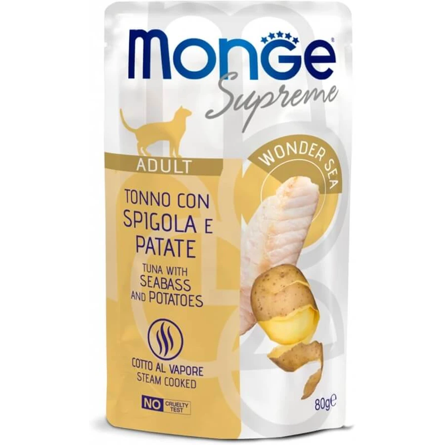 Monge Supreme Tonijn voor volwassen katten met zeebaars en aardappelen - Compleet voer voor volwassen katten, 80 g