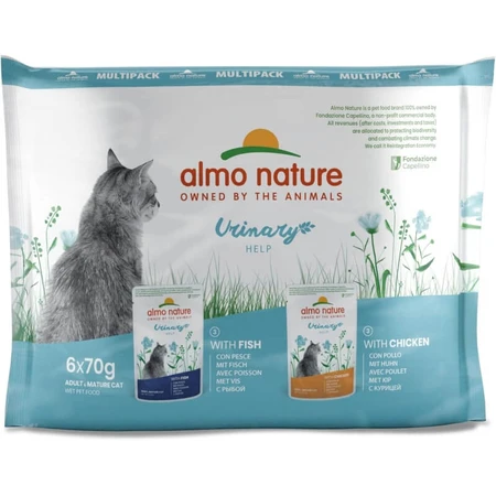 Almo Nature Urinary Help Pescado y Pollo - Alimento húmedo completo para gatos adultos con problemas urinarios, 6 x 70 g