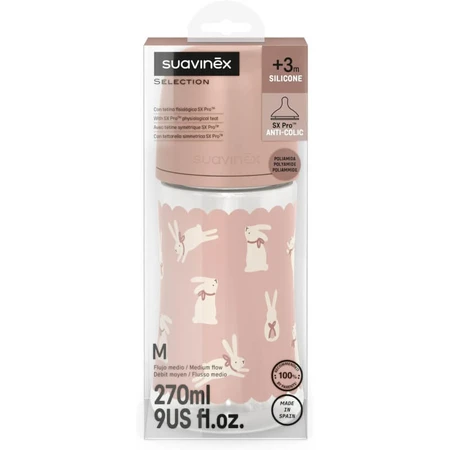 Suavinex Wonderland – Babyflasche „Slow-Flow Pink Rabbit“, 270 ml