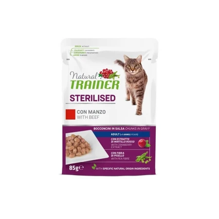 Natural Trainer Adult Sterilized Beef Bites - Complete Food for Sterilized Cats, 85 g